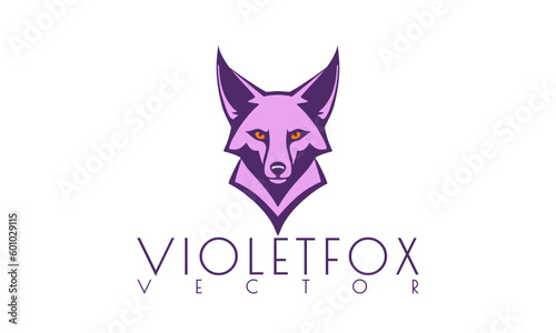 Vector simple graphic logo of a violet fox with orange eyes on a white isolated background.