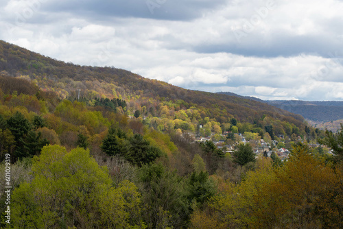 Town of Bradford Pa mountain valley landscape blooming season sky overcast theme USA town , Blooming trees, historic town.