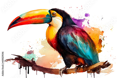 Watercolor drawing of a toucan bird on a white background. Generative AI. © Julitt