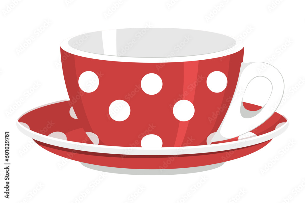 Tea couple. Cup and saucer. Hand drawing. Red and white dotted design. Tea couple. Cup and saucer. Hand drawing. Red and white dotted design.