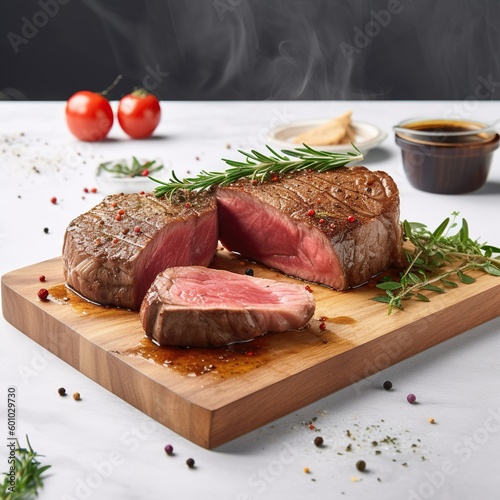 Juicy Beef Rib Eye Steak Slices on Wooden Board with Herbs, Spices, and Salt. Generative ai