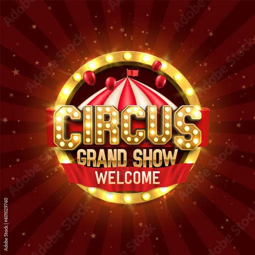 Retro Circus banner with red ribbon and balloons. Vector illustration.