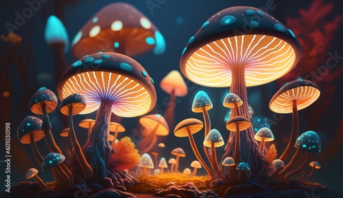 Digital Illustration of a Magical Fantasy Glowing Mushrooms in a Forest. Generative AI.