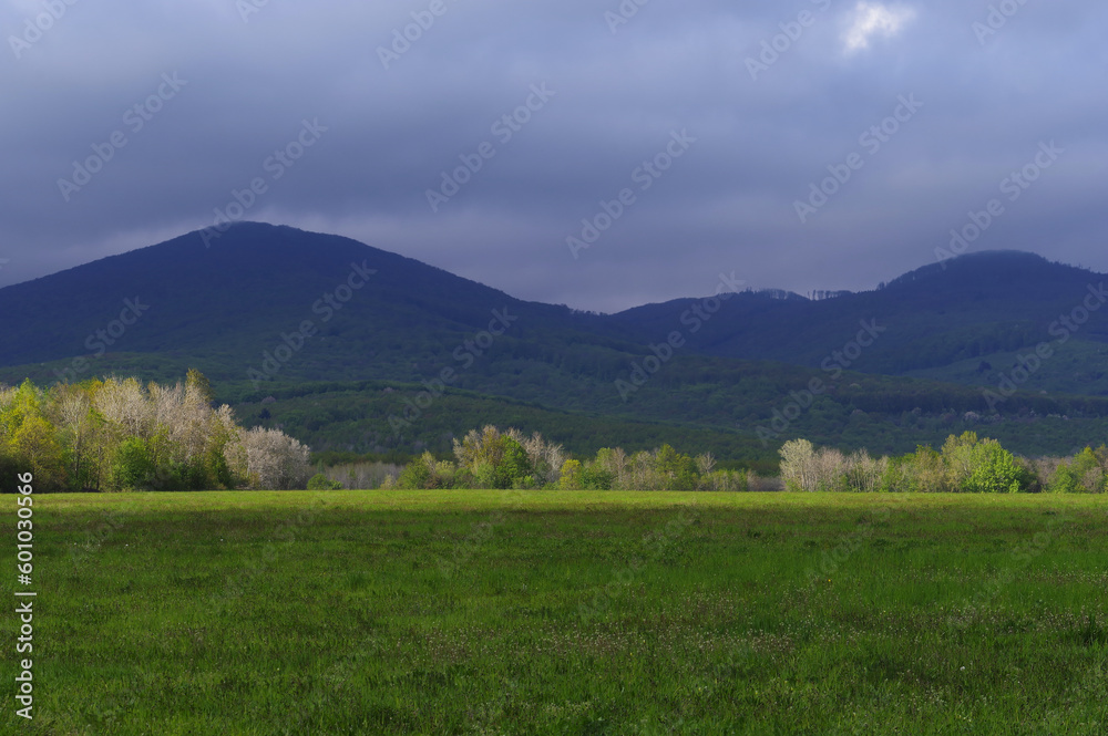 Krajobraz pięknych, zielonych gór wiosną. Świeża zieleń i niskie chmury nad górami Vihorlat w Wschodniej Słowacji.