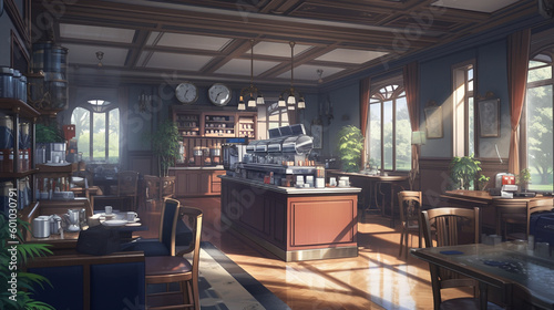 Anime background of interior of a restaurant, generative AI
