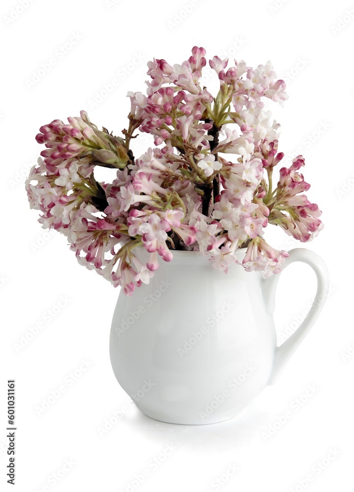 posy of pink viburnum farreri flowers in small ceramic vase close up posy of pink viburnum farreri flowers in small ceramic vase close up