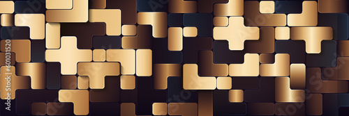 Luxury dark blue and gold abstract dimension background. Modern geometric squares texture. Elegant metal blocks design. Tetris blocks. Vector illustration