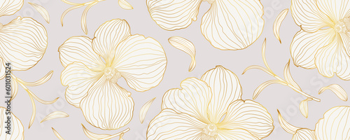 Luxury orchid seamless pattern background. Golden orchid floral line art design. Tropical flower. Hand drawn. Suit for wallpaper, wedding, invitation, fabric, card, cover, prints. Vector illustration