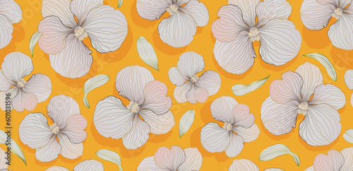 Orchid flower seamless pattern on yellow background. Orchid floral line art design. Hand drawn. Vintage style. Tropical texture. Suit for card, fabric, prints, wallpaper, wrapping. Vector illustration