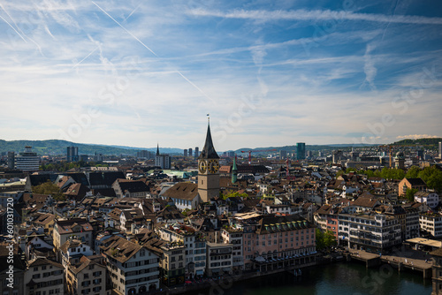Zurich city Switzerland. Old town wide-angle view, roof-top perspective, day time, no people