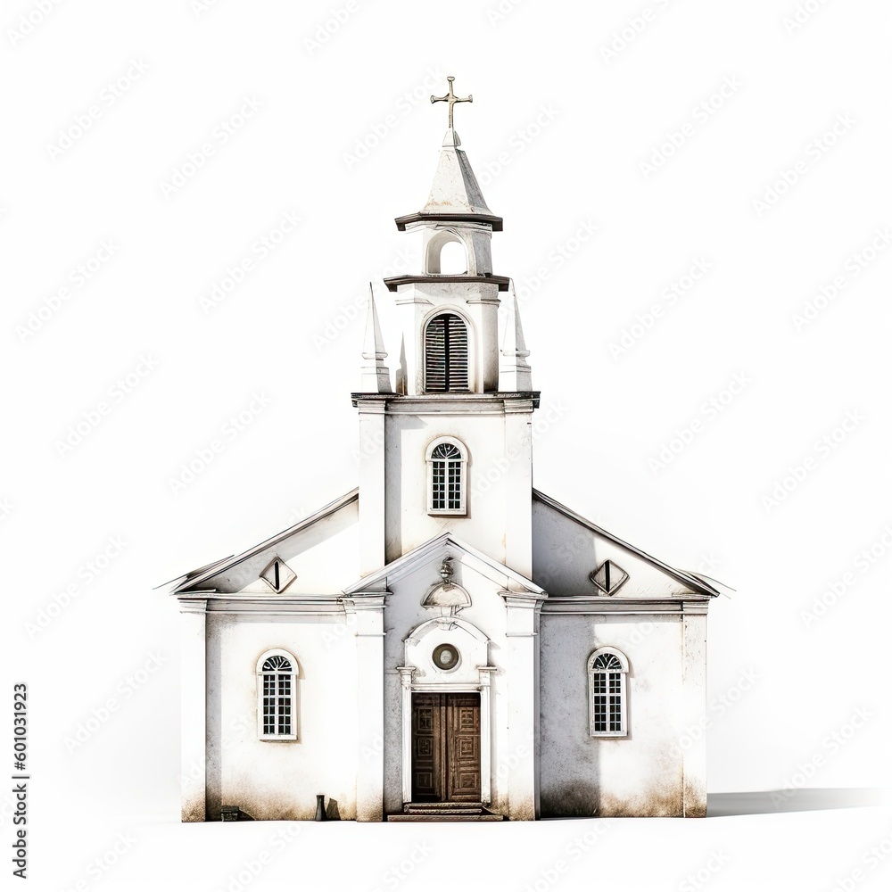 Illustration of a 3D model of an old white church with hand-painted details on a white background. Generative AI