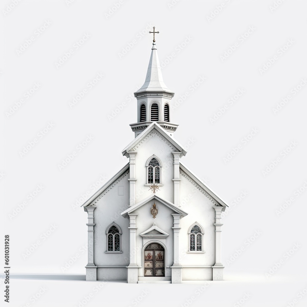 Illustration of a 3D model of an old white church with hand-painted details on a white background. Generative AI