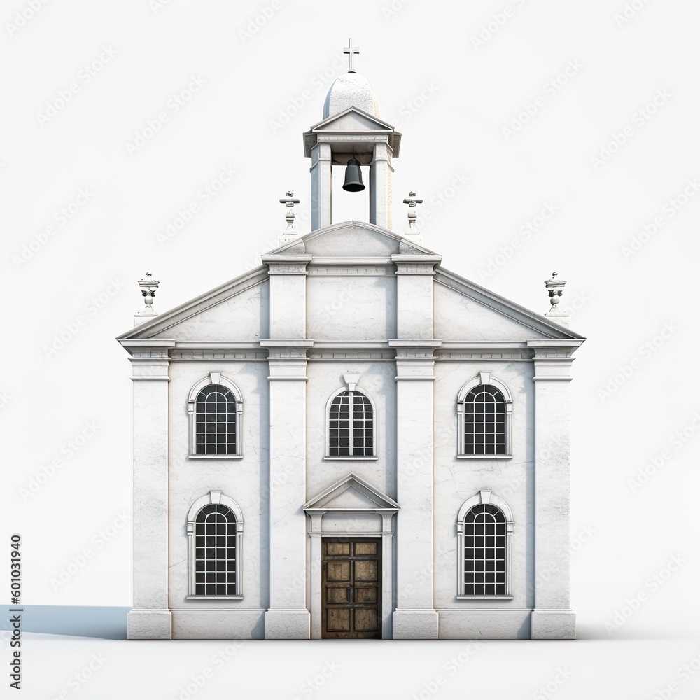 Illustration of a 3D model of an old white church with hand-painted details on a white background. Generative AI