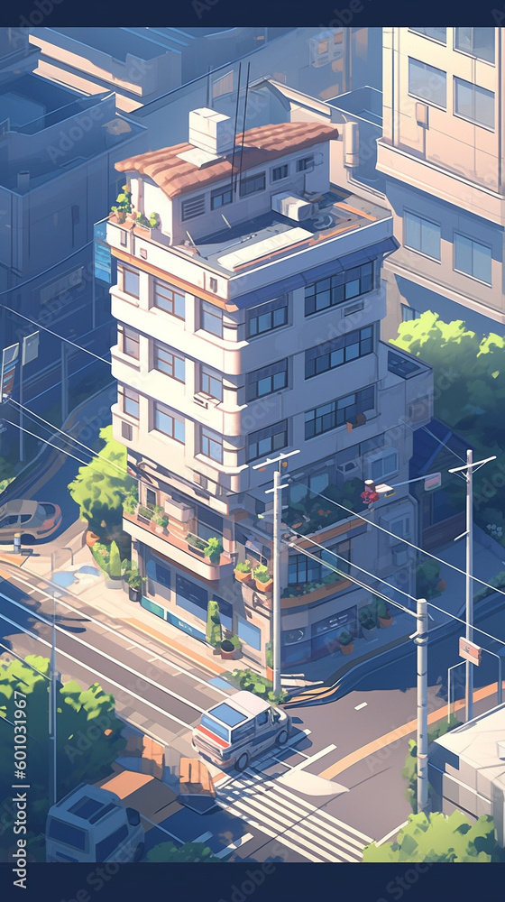 Anime background of apartment complex in the city, generative AI