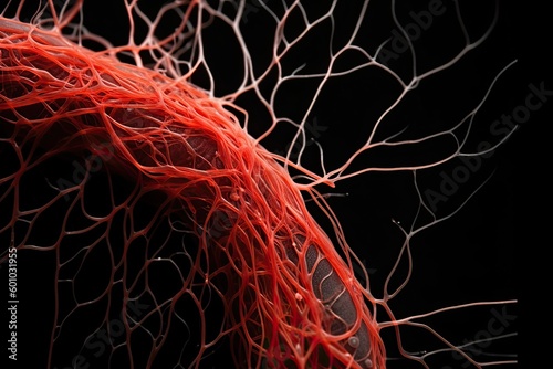 Blood flows through capillaries, delivering oxygen and nutrients to tissues. Anatomy of capillaries includes a single layer of endothelial cells surrounded by a basement membrane. AI-generated. photo