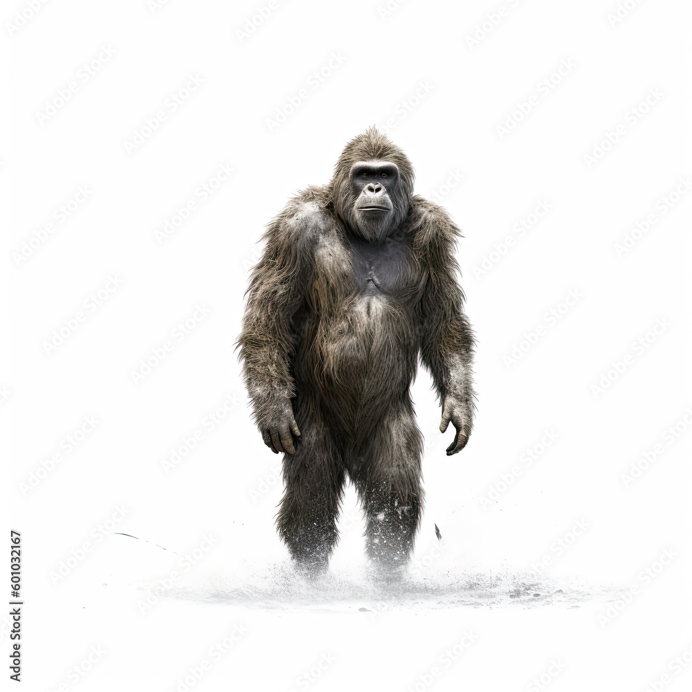 Illustration of an ape standing in front of a white background. Generative AI