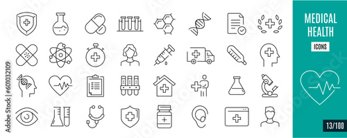 Best collection medical and health line icons. Medication, Heart, drug,...