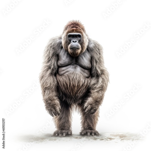 Illustration of an ape standing in front of a white background. Generative AI