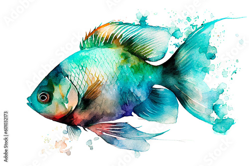 Turquoise aquarium fish. Watercolor drawing on a white background. Generative AI.