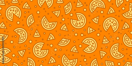 Pizza backdrop. Line pizza pattern on orange background. Vector illustration EPS 10