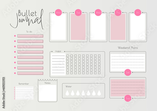 Bullet journal planner template, vector illustration