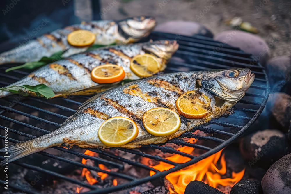 Process of cooking fish Dorado on grill with lemon, grilled fish BBQ. Good food. Generative AI