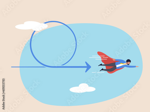 Agile methodology in project management. Software development concept. Sprint or dev cycle to release and improve product, scrum process or workflow. Businessman superhero fly with agile cycle.
