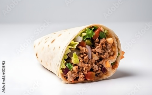 Burito Food on white background with copy space for text.  Mock up food generative ai