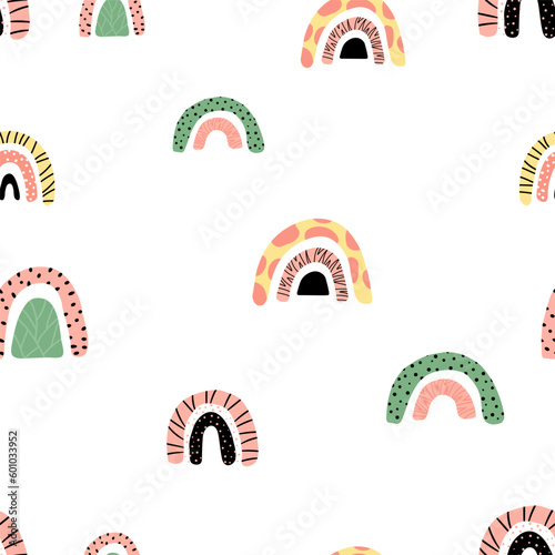 Seamless pattern with colorful hand drawn rainbows