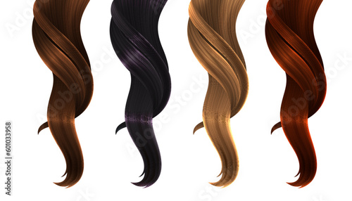 Colorful Wavy and Curly Hair Strands. Vector Isolated 3d Illustration. Design Element for Hairdressers, Beauty Salons, Hair Care Cosmetics, Shampoo, Conditioner or Hair Dye Packaging Hair Strands.