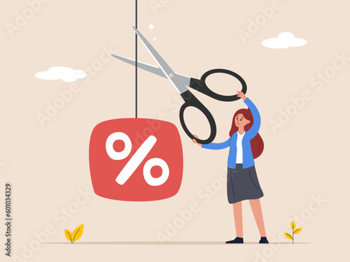 Economic crisis concept. Stop Inflation. Fed raised the central bank interest rate to curb soaring inflation. Businesswoman cuts a percentage mark with scissors. Business flat vector illustration.