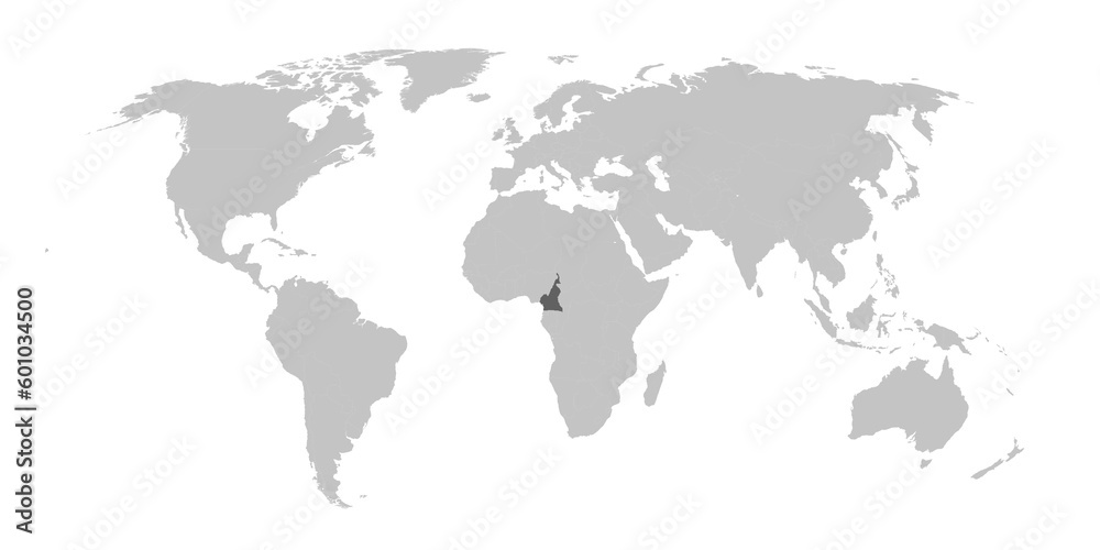 Map of the world with the country of Cameroon highlighted in grey.