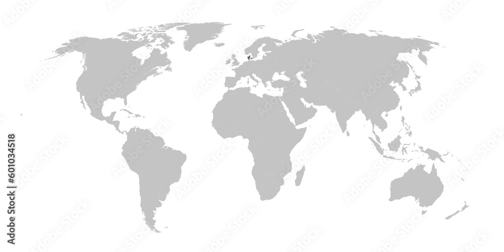 Map of the world with the country of Denmark highlighted in grey.