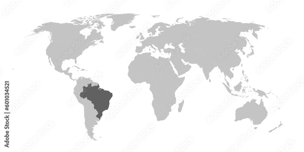 Map of the world with the country of Brazil highlighted in grey.