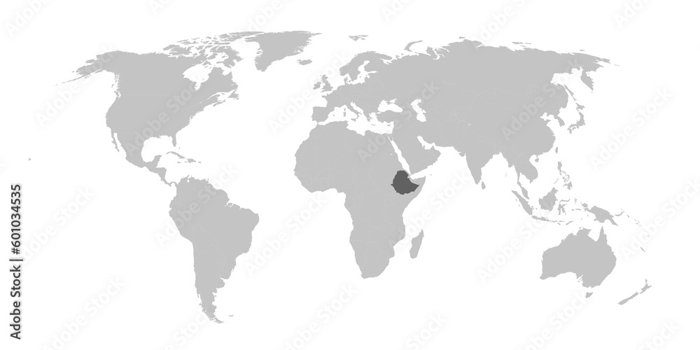 Map of the world with the country of Ethiopia highlighted in grey.