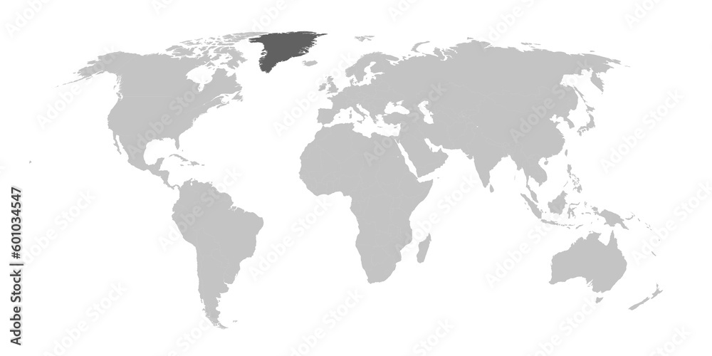 Map of the world with the country of Greenland highlighted in grey.