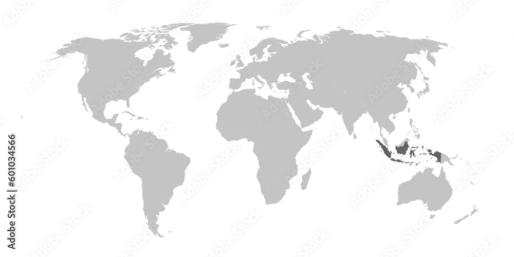 Map of the world with the country of Indonesia highlighted in grey.