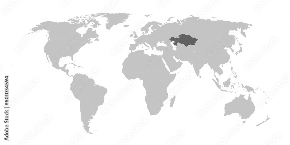 Map of the world with the country of Kazakhstan highlighted in grey.