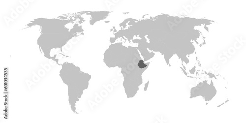 Map of the world with the country of Ethiopia highlighted in grey.