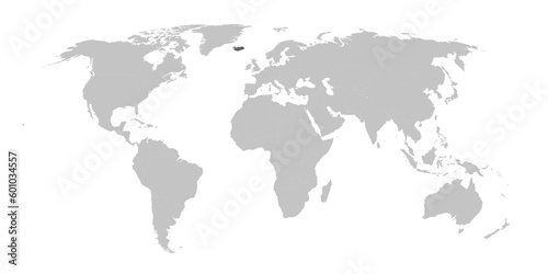 Map of the world with the country of Iceland highlighted in grey.