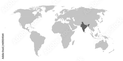 Map of the world with the country of India highlighted in grey.