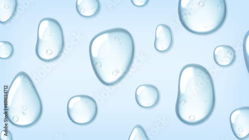Liquid drops of water, gel or collagen. Cosmetic product, moisture, skin care, top view. Realistic 3d splash vector illustration
