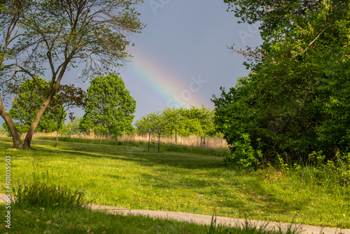 Beautiful rainbow near a open field