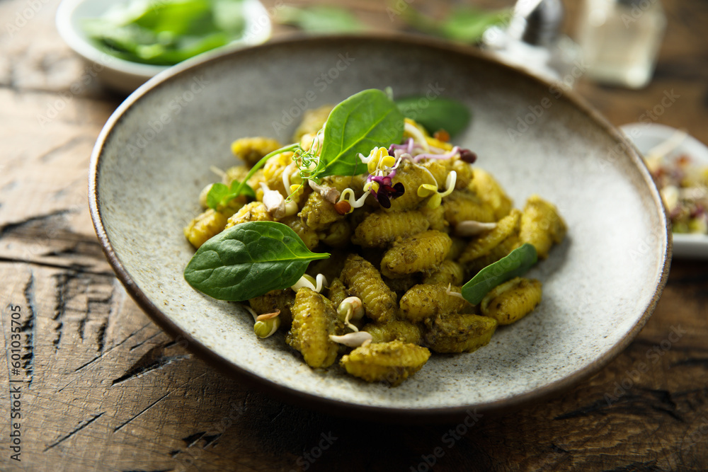 Homemade pasta with spinach pesto Homemade pasta with spinach pesto