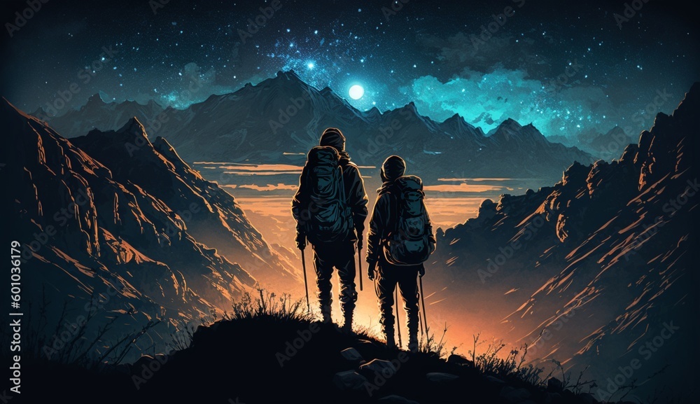 Illustration of Two Hikers Watching the Starry Sky. Generative AI.