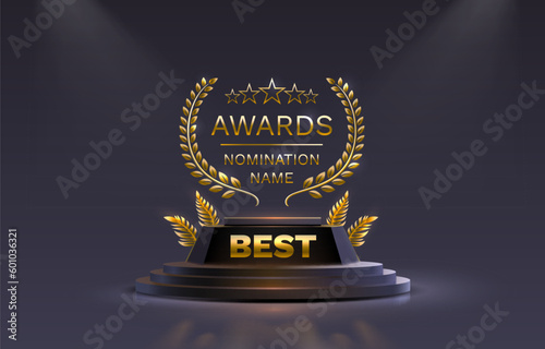 Best Awards nomination name podium, golden prize event, scene star ceremony.