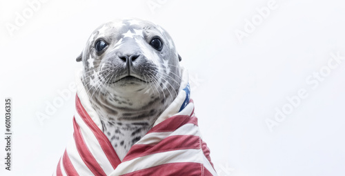 Whimsical seal lion out fit American flag celebrating 4th of July celebration in a stylish on white background,generative ai.