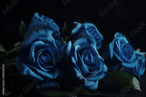 Blue roses dark moody romantic background. Ai generated
