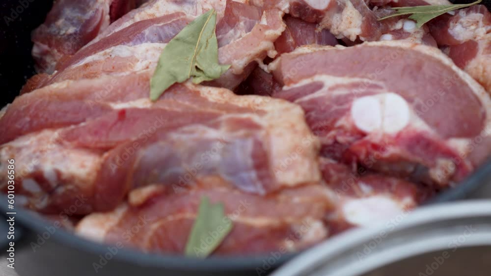 Sliced pork meat pieces with spices for cooking bbq Sliced pork meat pieces with spices for cooking bbq