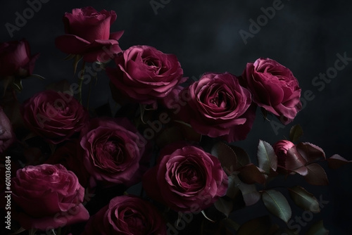 Pink roses dark moody romantic background. Close-up flowers card backdrop. Ai generated